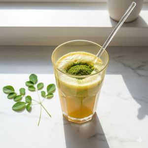 A person taking moringa powder by stirring it into a smoothie, a simple way to get its benefits