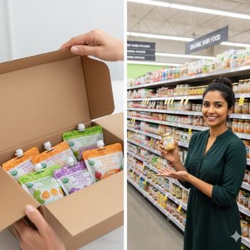 Organic Baby Food Shop Comparison: Fresh delivery box and in-store aisle.