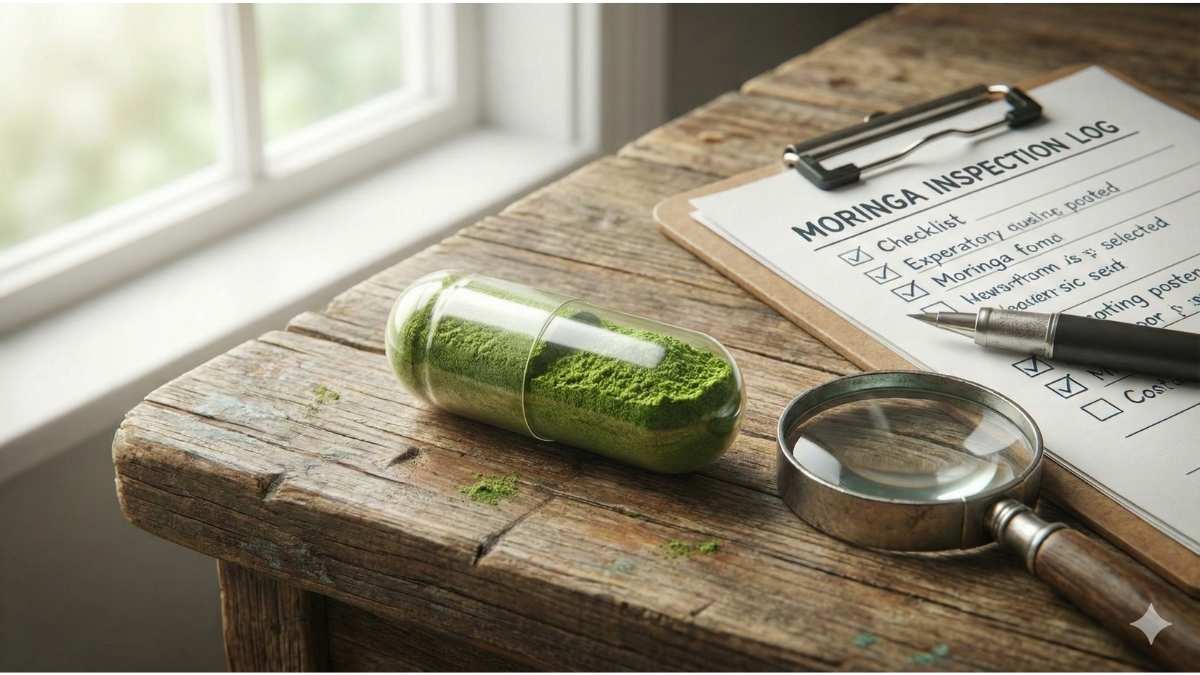Rosabella Moringa Capsules review checklist and magnifying glass inspection for safety.