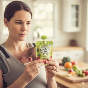 Mother checking the Clean Label Project seal to find the Safest Organic Baby Food Brands with Heavy Metals tested.