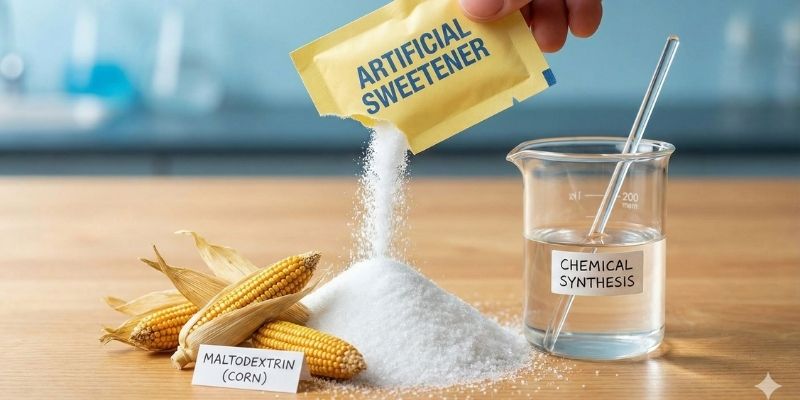 Splenda vs Stevia ingredients showing hidden maltodextrin fillers derived from corn.