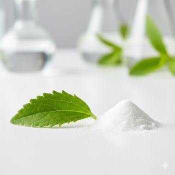 Stevia leaf next to purified white steviol glycoside powder, illustrating the difference between crude and purified forms and answering is stevia safe. Stevia leaf next to purified white steviol glycoside powder, illustrating the difference between crude and purified forms and answering is stevia safe.