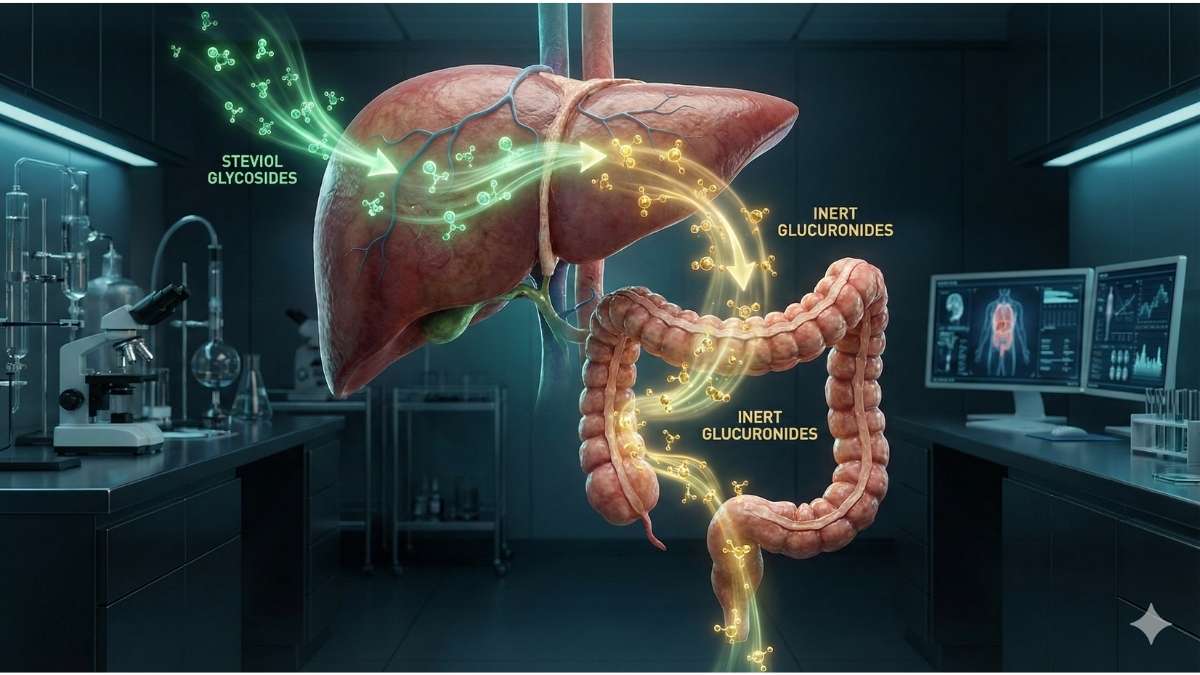 Medical illustration of the human liver's glucuronidation pathway for steviol metabolism.