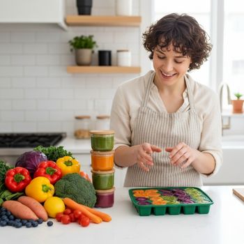 Image illustrating the best organic baby food preparation and storage process, featuring fresh produce and labeled freezer storage containers. Image illustrating the best organic baby food preparation and storage process, featuring fresh produce and labeled freezer storage containers.