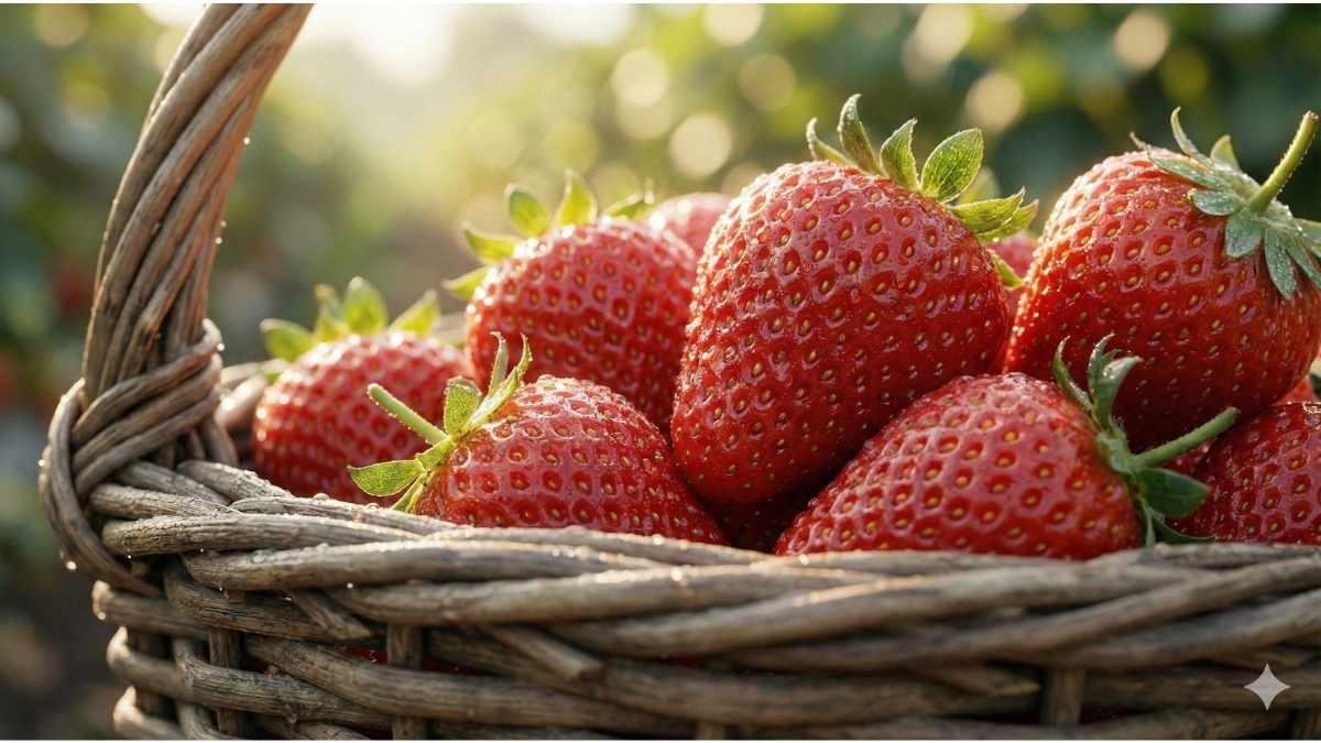 Fresh organic strawberries in a rustic basket on a farm.