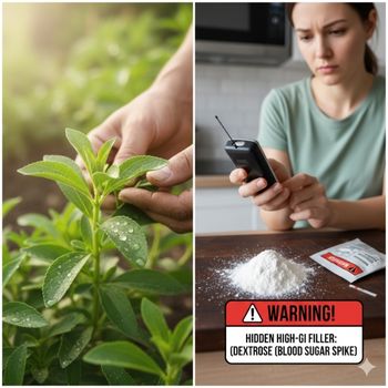 Does stevia raise blood sugar: Split image showing pure stevia leaf and a consumer checking a glucose monitor after using powdered stevia. Does stevia raise blood sugar: Split image showing pure stevia leaf and a consumer checking a glucose monitor after using powdered stevia.