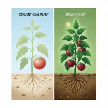 Organic Tomato vs. Conventional Tomato showing the scientific 'Stress Advantage' in plant growth and soil health.
