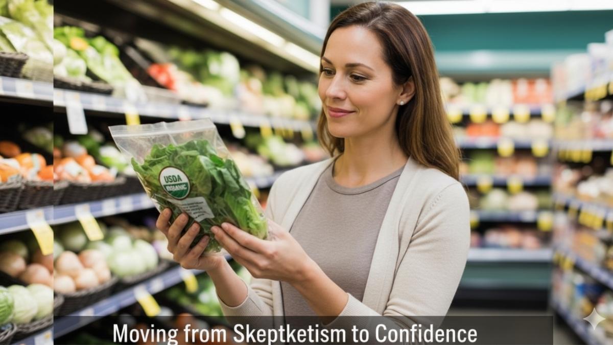 A confident shopper, having understood the USDA guidelines for organic food, smiles at the USDA Organic seal on a product.
