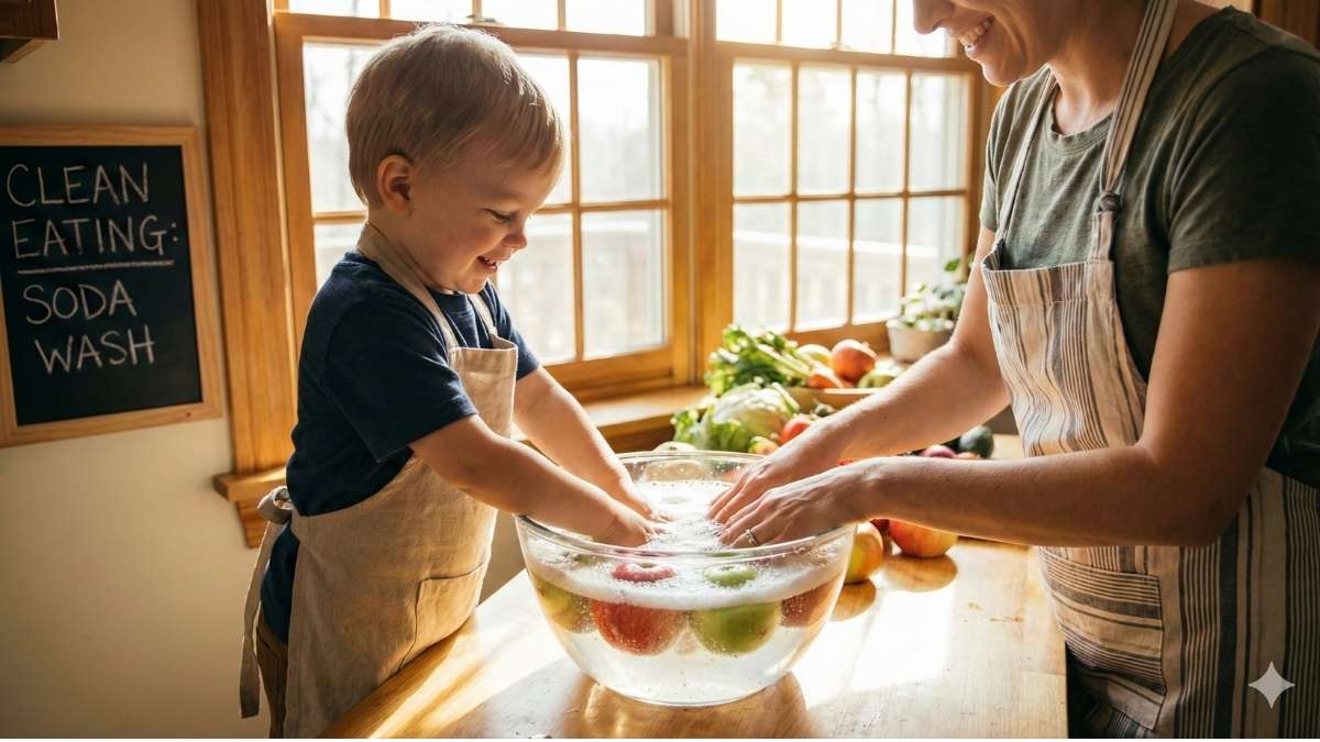 A parent and child washing apples in a baking soda solution to remove toxins in food.