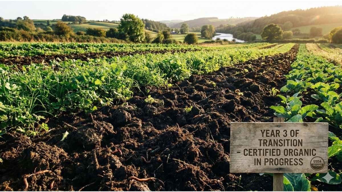 Organic farm field showing deep, healthy soil, illustrating compliance with strict 3-year USDA organic standards for crop land transition.