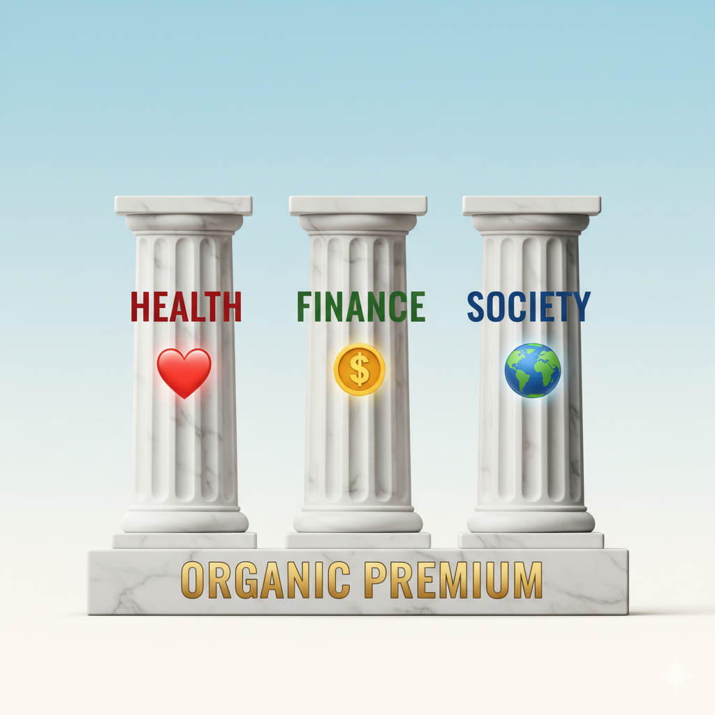 Three pillars infographic summarizing the definitive ROI calculation for organic food, answering is organic food worth it. Three pillars infographic summarizing the definitive ROI calculation for organic food, answering is organic food worth it.