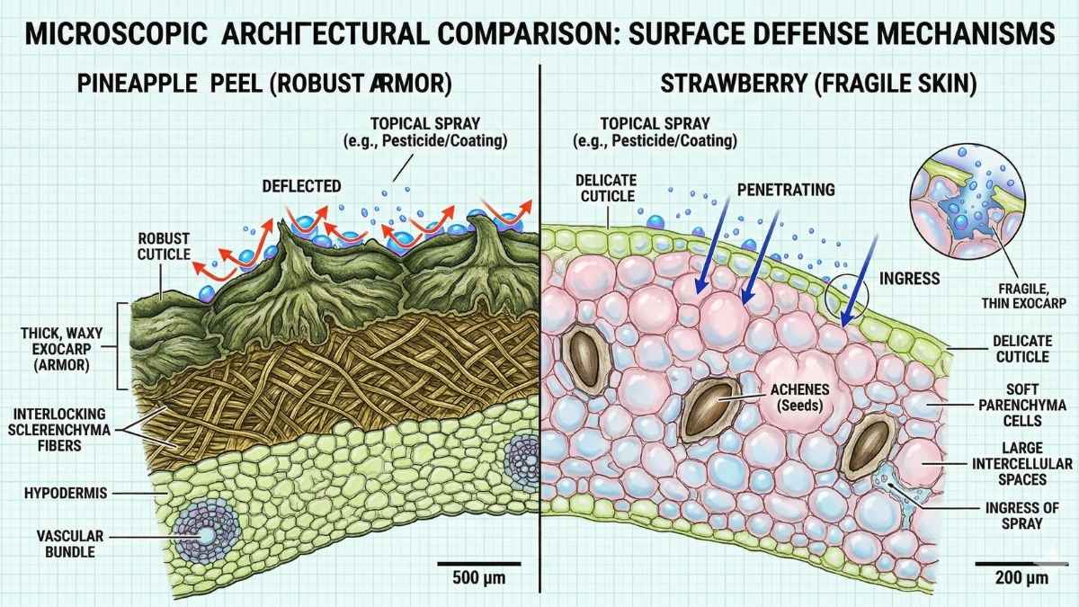 Microscopic cross section comparing pineapple peel armor to strawberry skin
