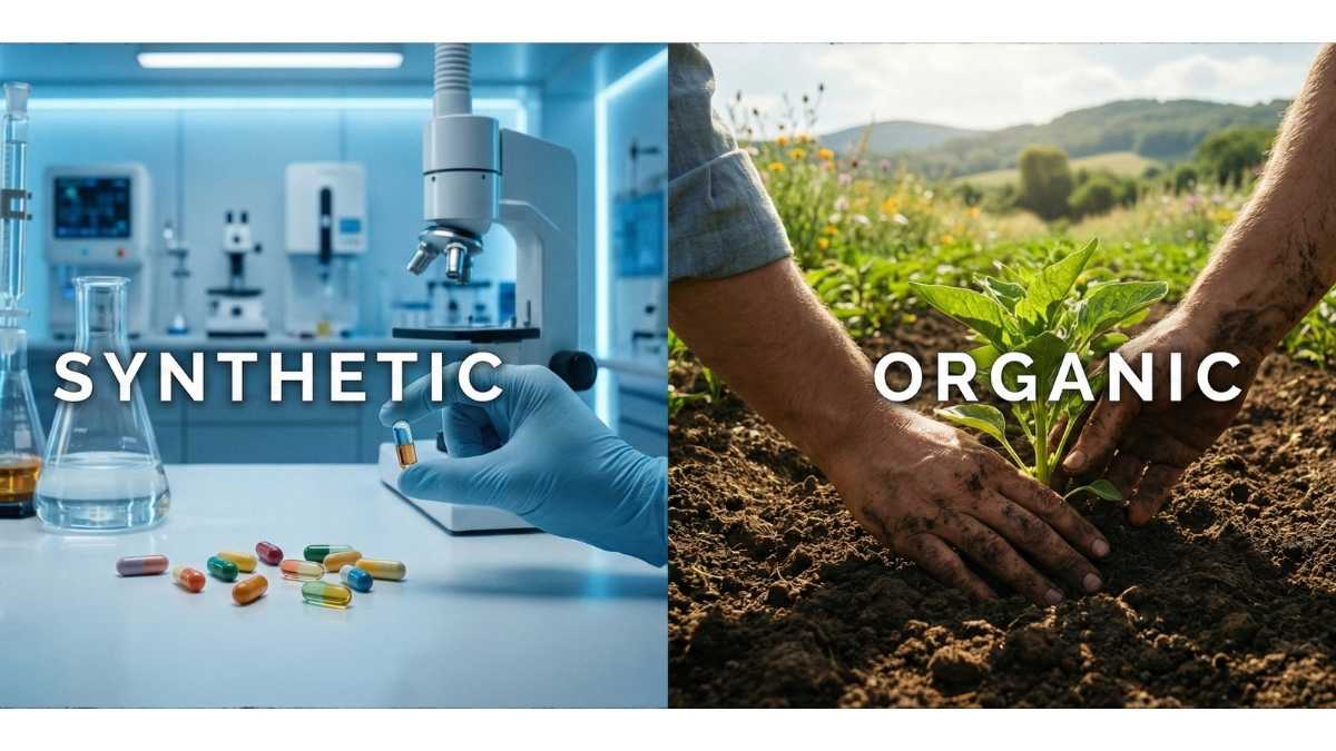 A split image showing a sterile science lab on the left (fortified food) and a healthy farm field with rich soil and plants on the right (organic food), illustrating the difference in philosophies