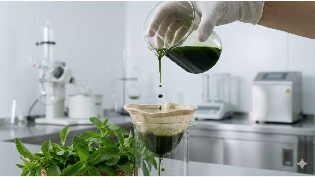 A clinical laboratory setting illustrating the clean water extraction of green stevia leaves, demonstrating the expertise-led standards for determining is stevia safe.