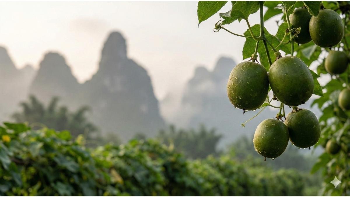 Traditional cultivation of Siraitia grosvenorii monk fruit in the mountains of Guilin. Traditional cultivation of Siraitia grosvenorii monk fruit in the mountains of Guilin.