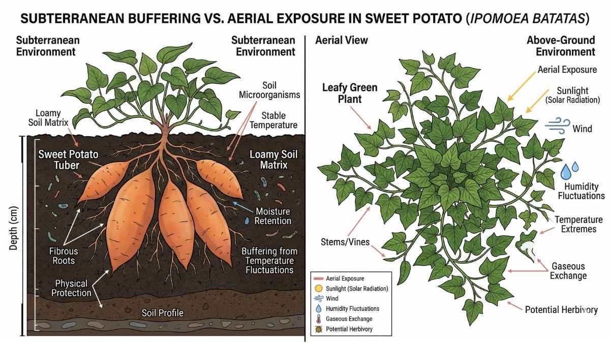 Cross-section showing a sweet potato protected by soil buffering compared to an exposed aerial plant.