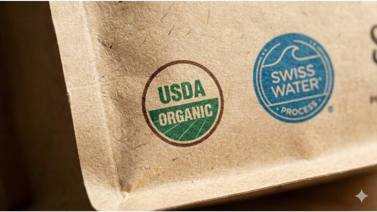 Close up of a coffee bag showing the USDA Organic seal and Swiss Water Process logo.
