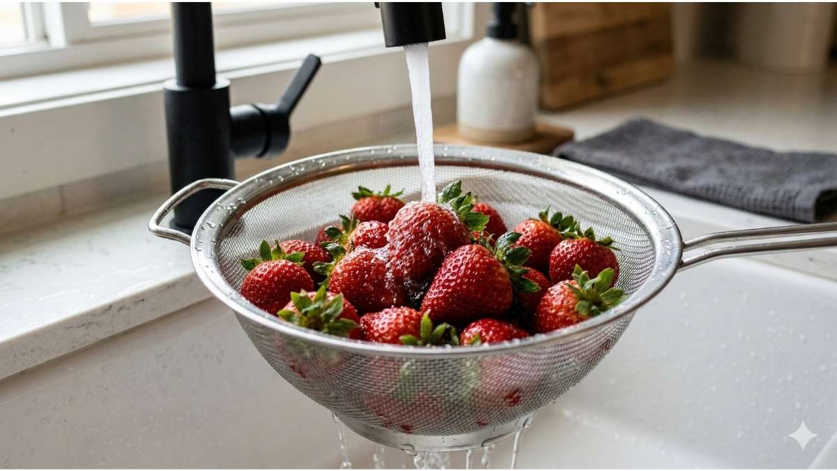 Fresh organic strawberries being rinsed under cold tap water in a metal colander.