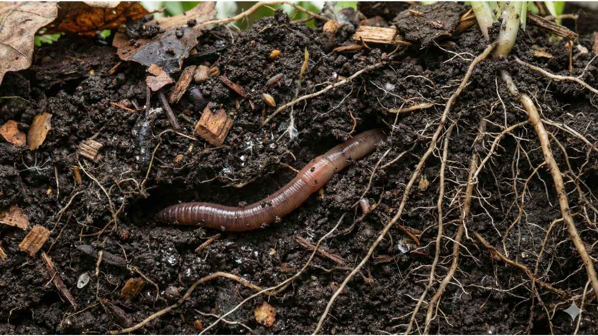 Organic Farming: Close-up of rich, living soil with earthworms and compost, showcasing the foundation of healthy, resilient food.