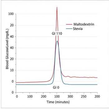 Scientific chart proving maltodextrin in stevia (GI 110) causes a high blood sugar spike compared to pure stevia (GI 0).