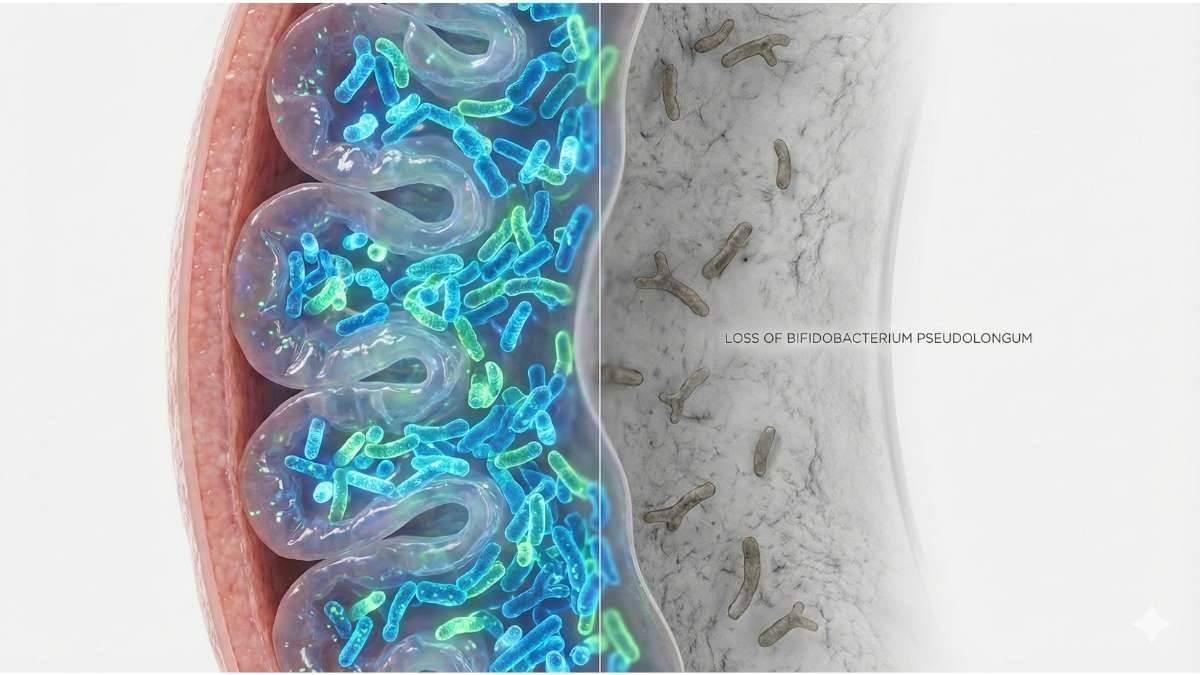 Illustration of glyphosate acting as an antibiotic and depleting Bifidobacterium pseudolongum in the gut.
