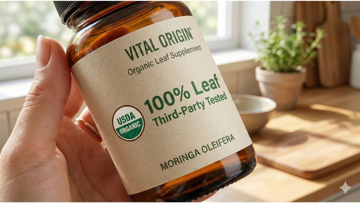 Organic Moringa capsule label highlighting USDA Organic seal and 100% Pure Leaf ingredients.