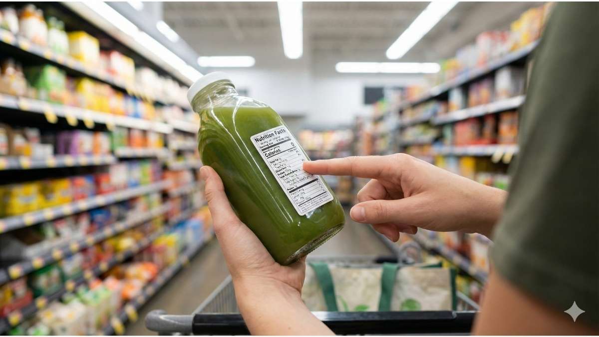 Checking nutrition label on moringa juice bottle for zero added sugar.