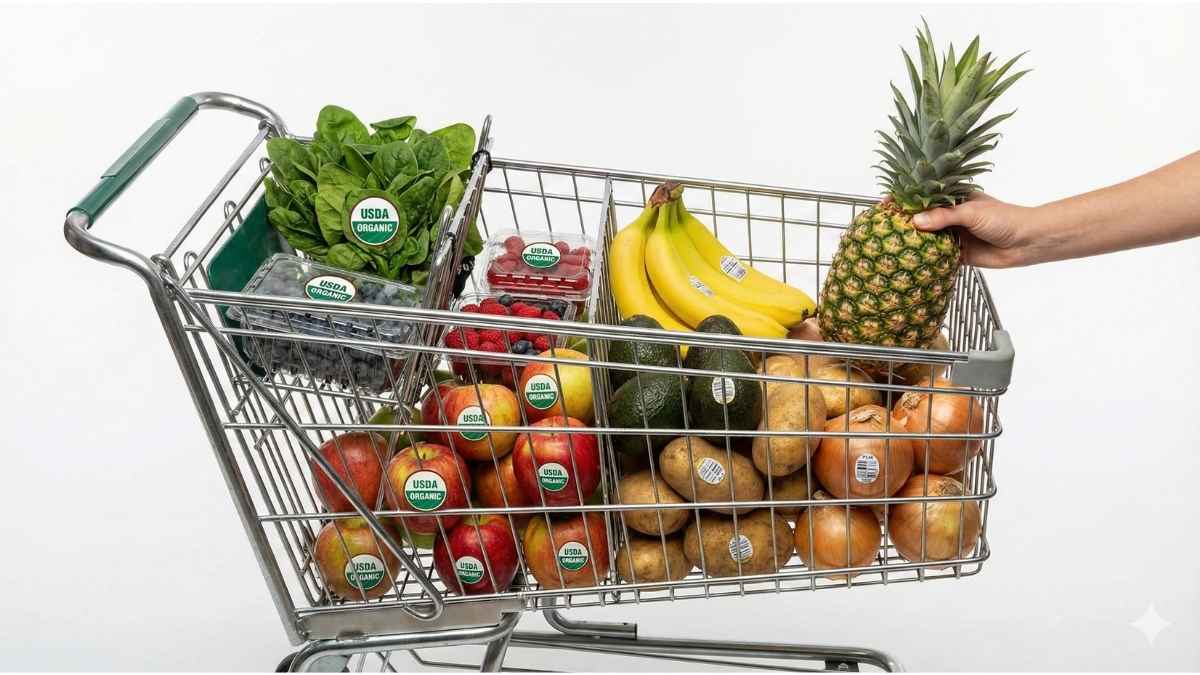 A shopping cart strategically filled with a mix of organic produce and conventional staples, demonstrating a smart purchasing plan to maximize value.