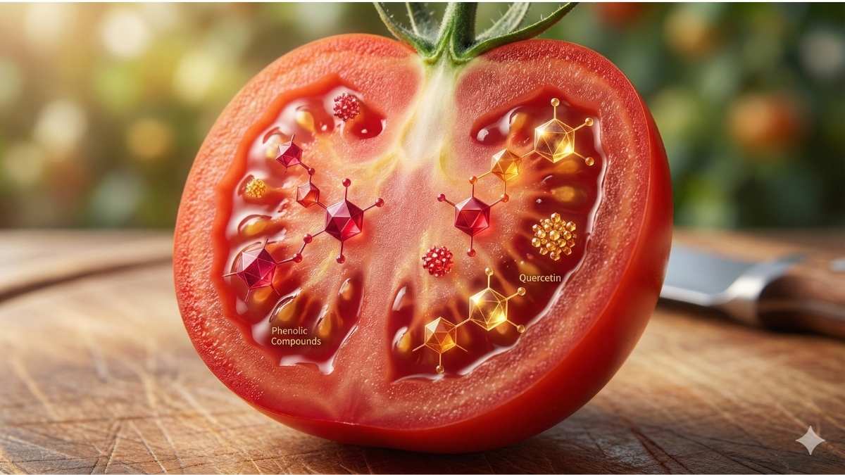Close-up shot of a dark red Organic Tomato showing the concentration of stress-induced Phenolic Compounds and antioxidants like Quercetin.