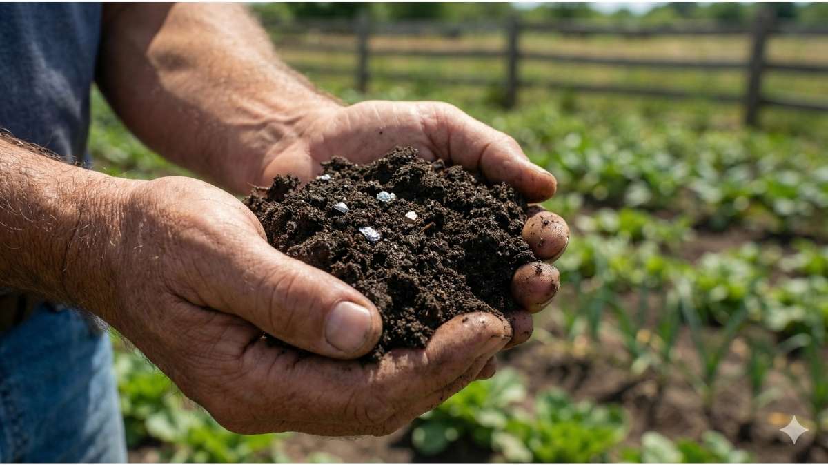 Close up of rich soil containing natural minerals and heavy metals in an organic farm setting.