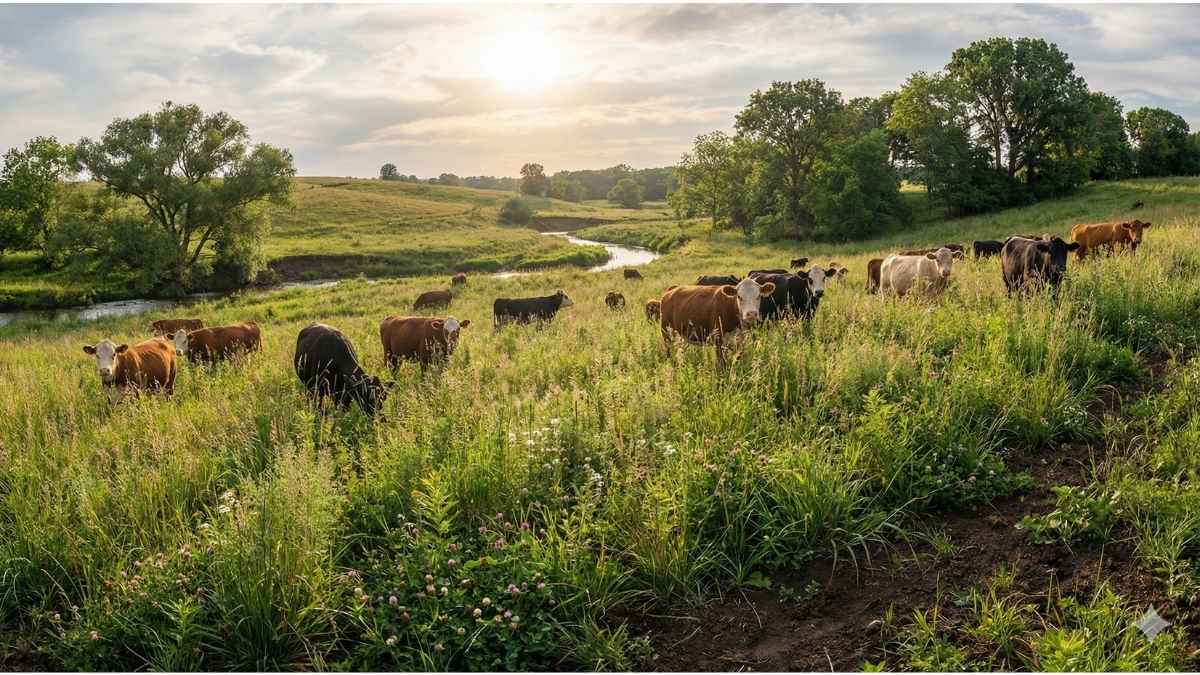 Regenerative agriculture cattle grazing on grass for Serenity Kids grass-fed beef and bison baby food sourcing.