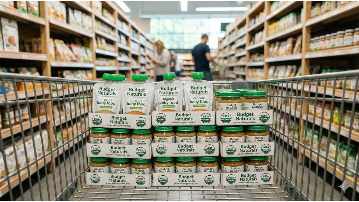 Cart full of Aldi organic baby food pouches showing USDA organic certification.
