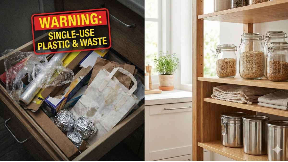 A comparison of toxic plastic bread packaging versus safe, non-toxic sourdough storage materials like glass and linen.