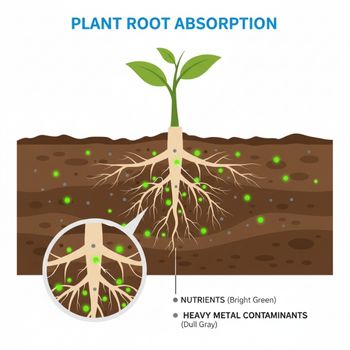 Infographic showing plant roots absorbing both essential nutrients and environmental heavy metals from the soil. Infographic showing plant roots absorbing both essential nutrients and environmental heavy metals from the soil.