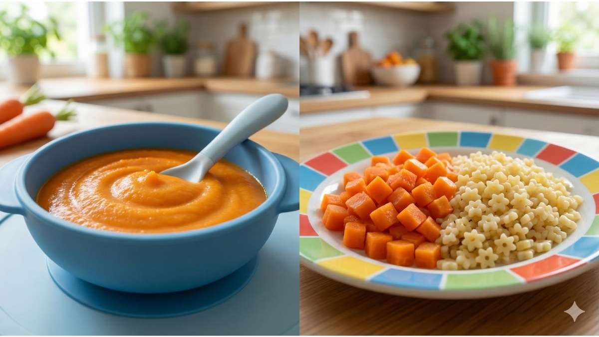 Comparison of organic baby food textures showing smooth purees for infants and finger foods for toddlers