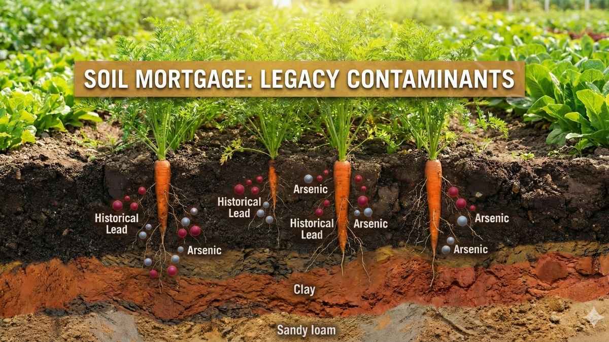Cross-section of organic soil showing root vegetables absorbing historical heavy metals like lead and arsenic from deep soil layers. Cross-section of organic soil showing root vegetables absorbing historical heavy metals like lead and arsenic from deep soil layers.