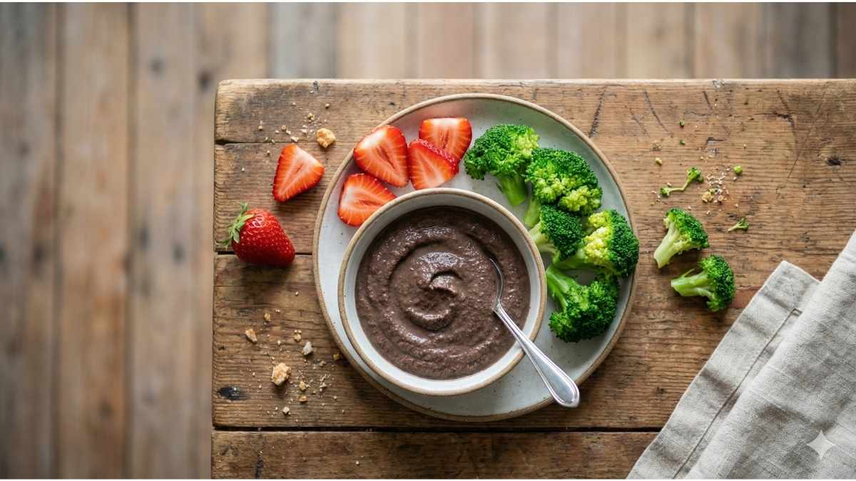 Iron-rich baby cereal and pureed meat paired with Vitamin C-rich fruits to maximize iron absorption and bridge the nutrition gap at 6 months.