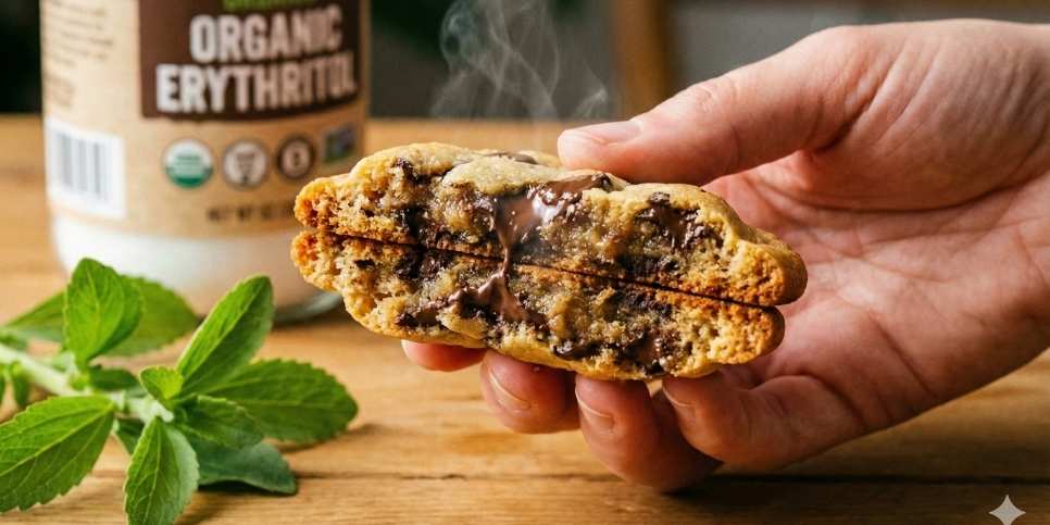 Freshly baked chocolate chip cookie made using stevia conversion chart principles showing moist texture.