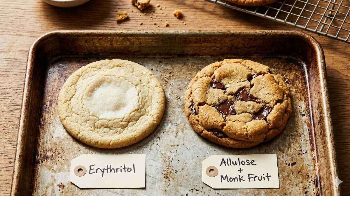 Comparison of baking with monk fruit with allulose versus erythritol showing browning differences Comparison of baking with monk fruit with allulose versus erythritol showing browning differences