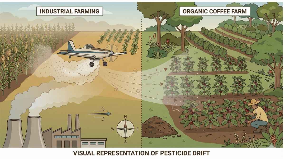 Artistic diagram showing wind drift from a conventional farm to an organic coffee farm