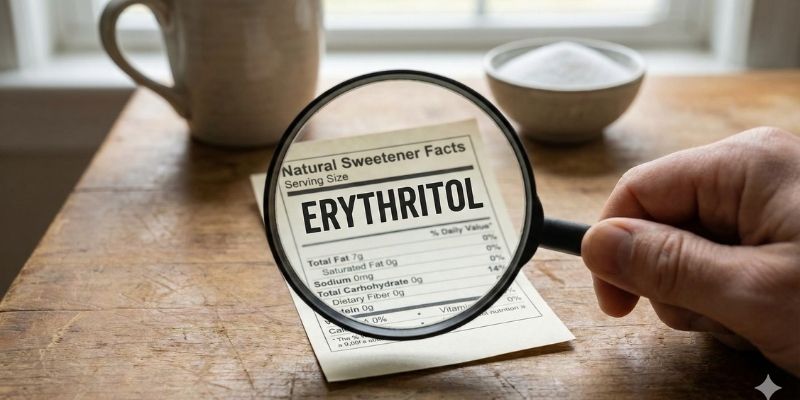 Magnifying glass revealing erythritol on a sweetener label, highlighting the need to check for monk fruit sweetener without erythritol. Magnifying glass revealing erythritol on a sweetener label, highlighting the need to check for monk fruit sweetener without erythritol.