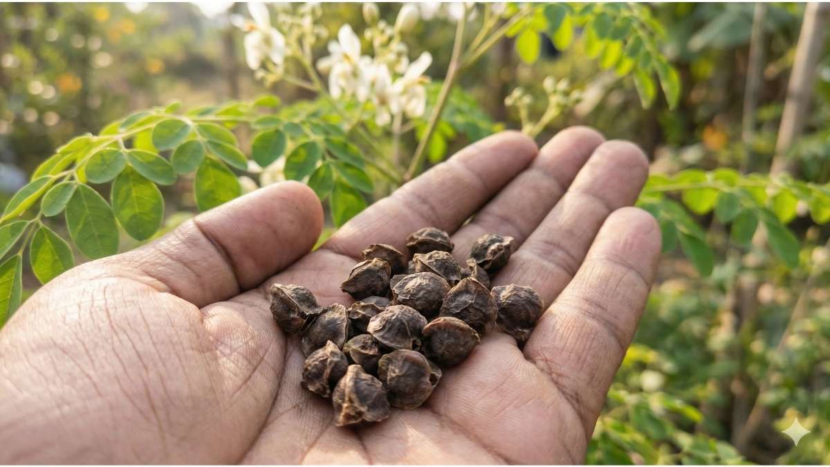 Hand holding organic wingless Moringa seeds ready for eating or planting.