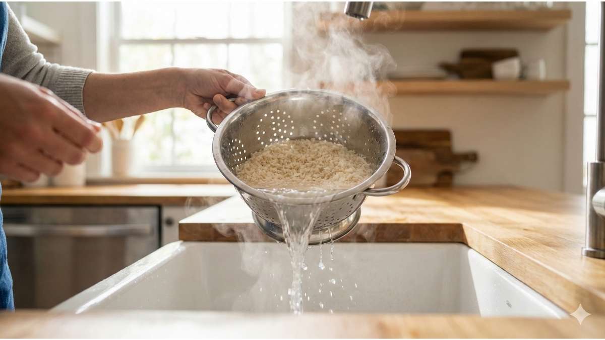 Draining boiling water from parboiled rice in a colander to remove arsenic toxins.