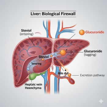 Diagram showing the liver detoxifying the Steviol metabolite into Steviol Glucuronide, explaining Steviol Glycosides and Carcinogenic Risk.