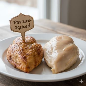 Nutritional comparison of organic chicken vs. conventional chicken showing the superior texture and color of pasture-raised meat.