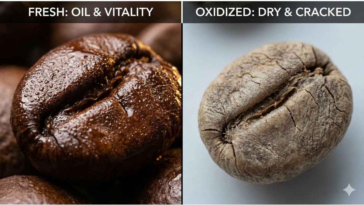 Split screen: Left side fresh bean, right side oxidized bean