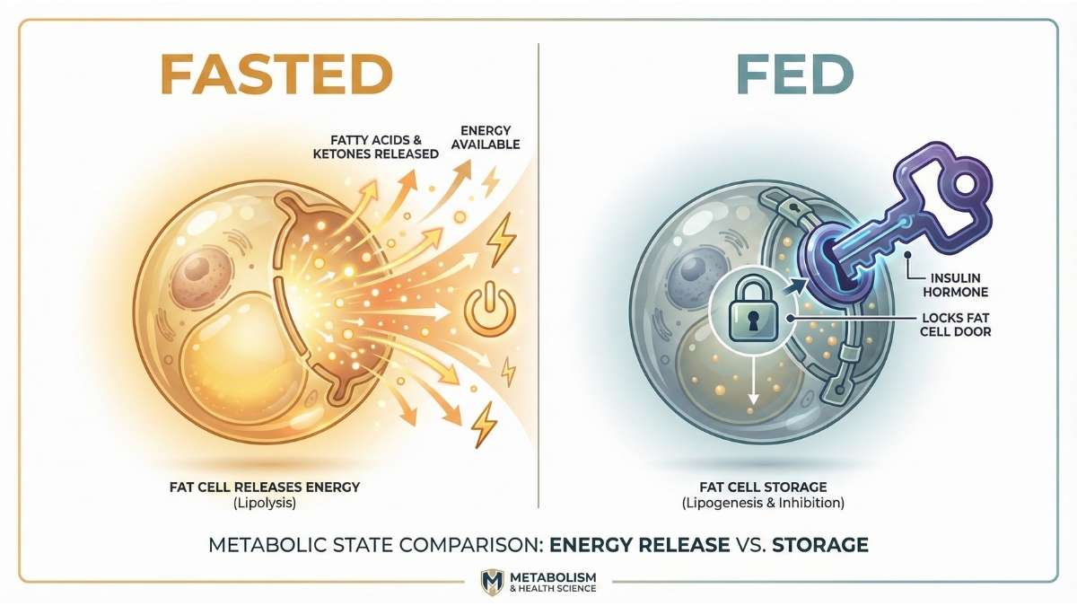 Split screen illustration: Left side shows fat cell releasing energy (Fasted), Right side shows insulin locking the cell (Fed).