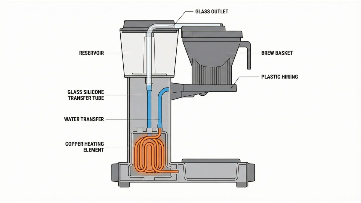 Technical diagram showing copper heating element and silicone tubing in a coffee maker.