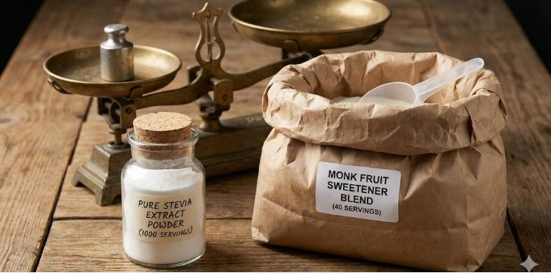 Cost comparison showing a small jar of pure stevia extract powder equals a massive bag of erythritol blend. Cost comparison showing a small jar of pure stevia extract powder equals a massive bag of erythritol blend.