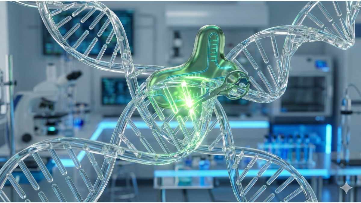Molecular visualization showing the precision of CRISPR gene editing technology, which is classified as an Excluded Method, ensuring no CRISPR Organic Food status.